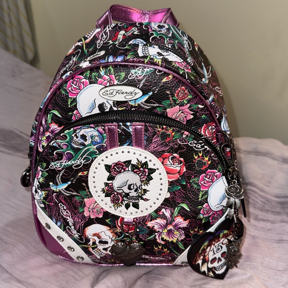 Ed Hardy Y2K Floral Skull Mini Backpack